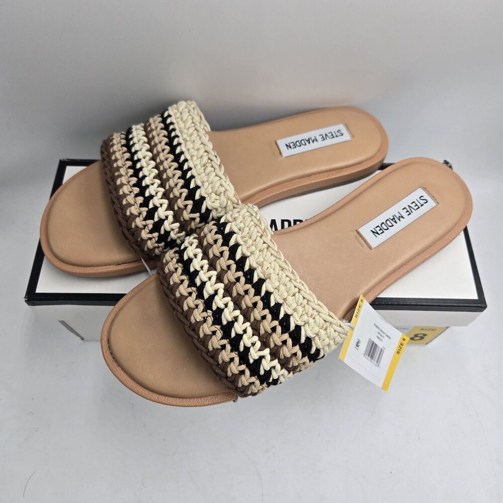 Steve Madden Women's Crochet Sandal Size 8 Multi Natural Boho New With Box Slide